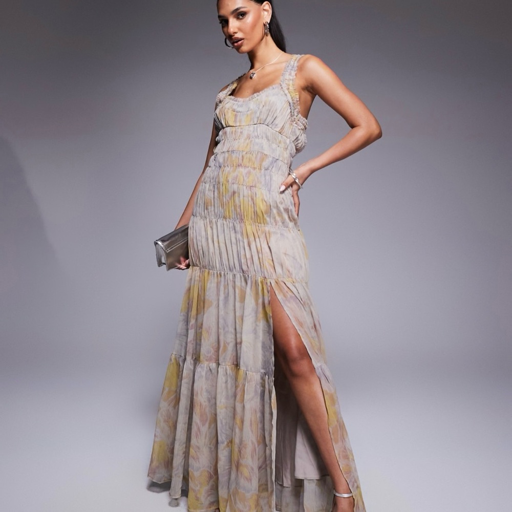 ASOS shirred tiered ruffle maxi dress floral print size 4